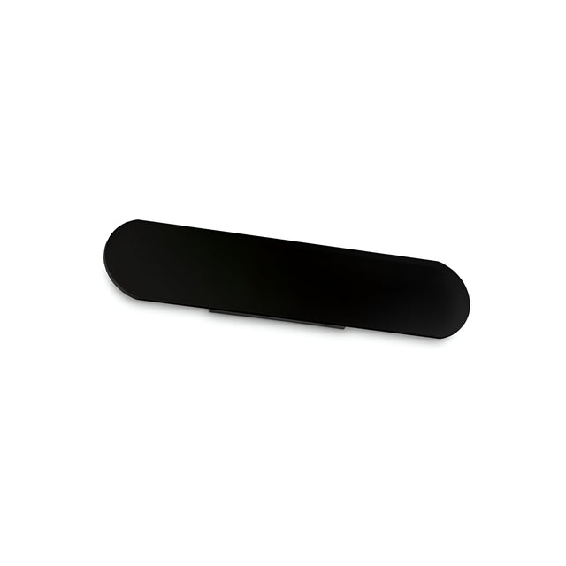 A stylish black Luster Wall Light 20W 3000K, measuring 40cm with its oval contours and subtly rounded edges, is set against a plain white background, embodying an energy-efficient design that captures the understated elegance of indirect illumination.