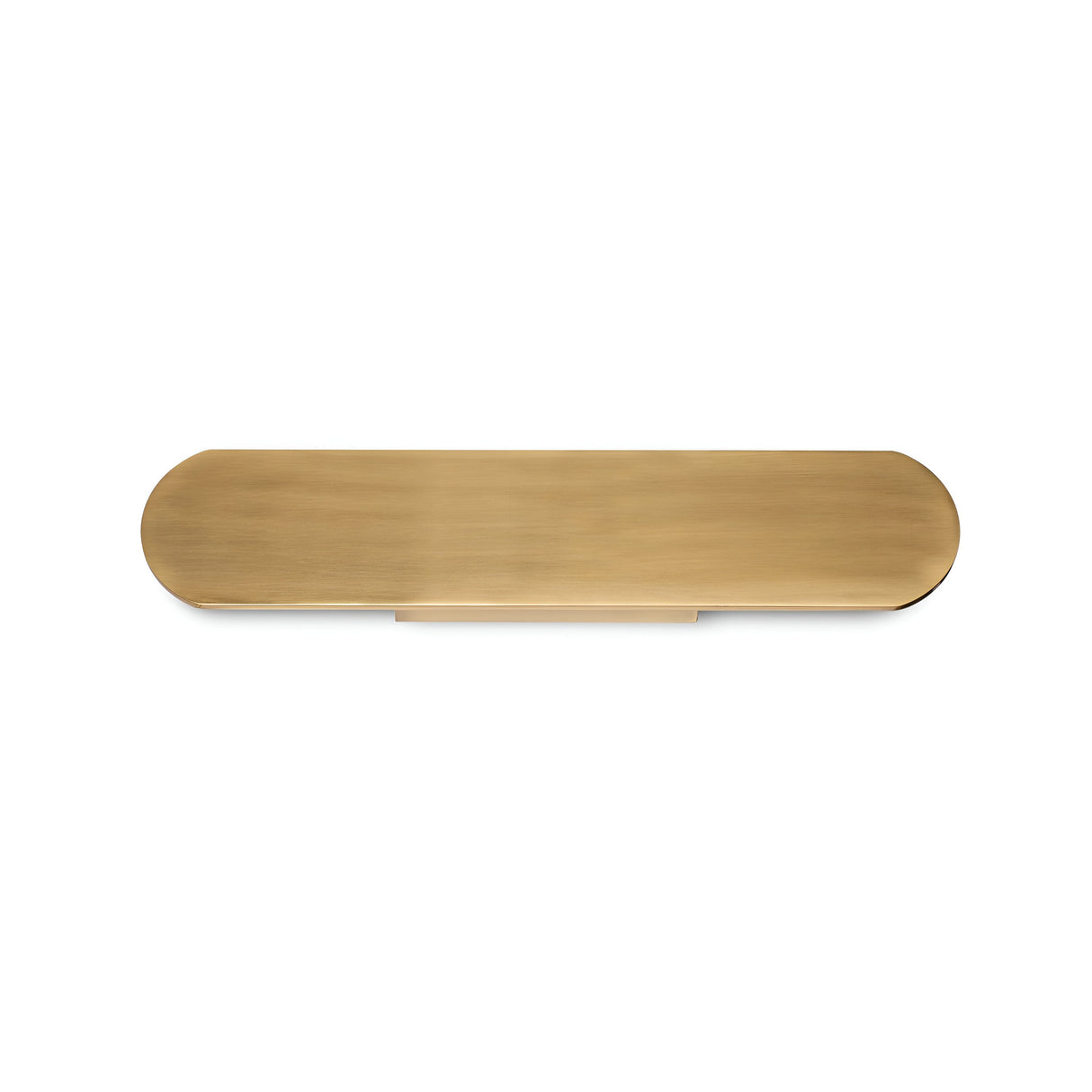 The Luster Wall Light features an elegant, elongated rectangular design with a brass finish and rounded edges. It incorporates energy-efficient LED technology and is set against a white backdrop.