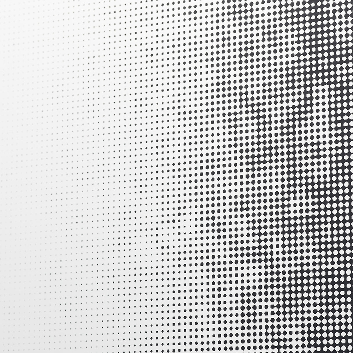 Close-up of the Rocca frameless wall mirror's screen-printed halftone dot pattern, transitioning from dense black dots to white, creating a shadowed depth effect.