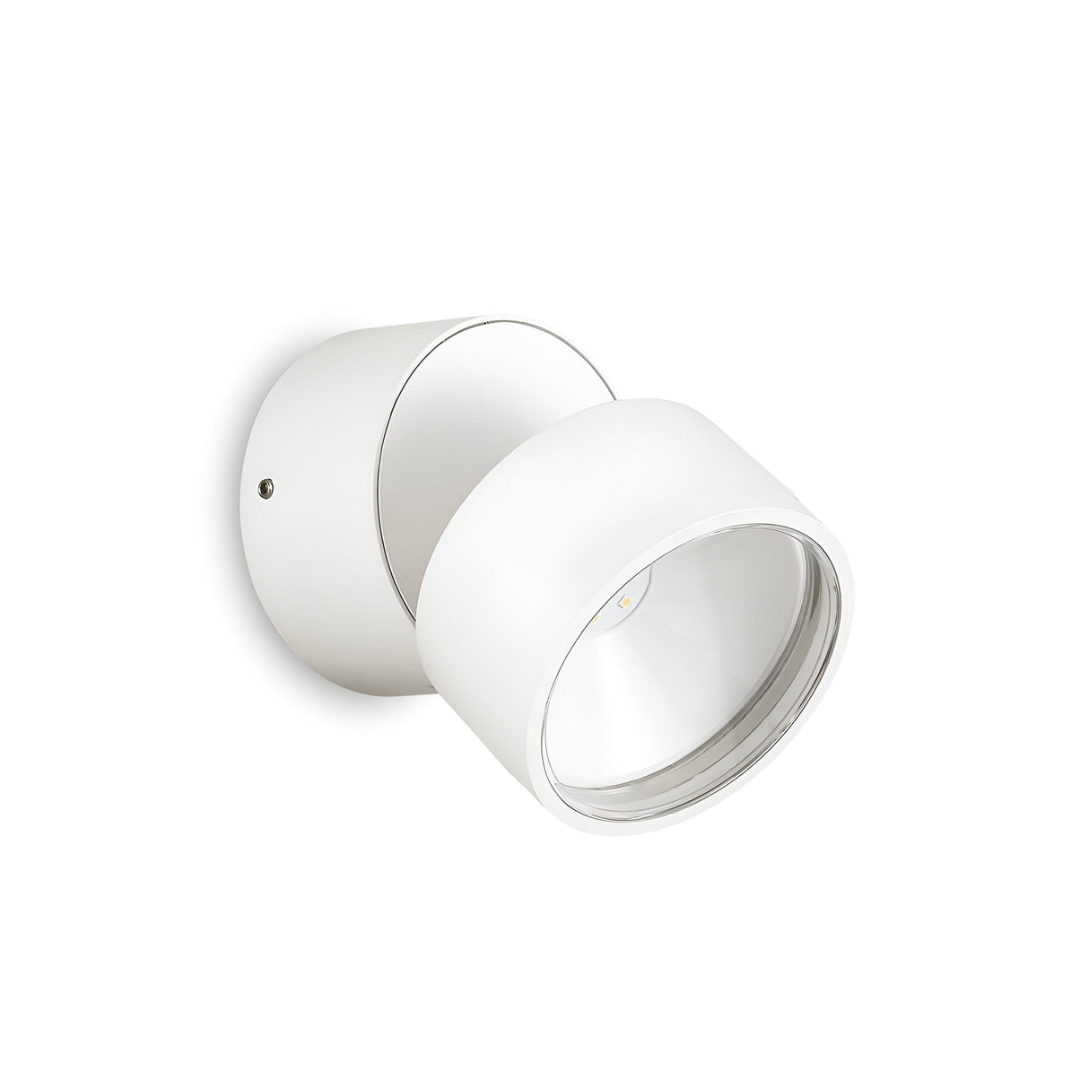 Illuminate your space with the energy-efficient Arcane Round Outdoor LED Single Spotlight in white. Crafted from powder-coated aluminum, its modern, sleek cylindrical design is precisely angled upward, making it an ideal choice for outdoor lighting solutions.