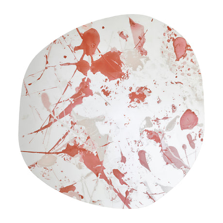 Floc Paint Splatter Printed Glass Wall Mirror, 105cm, frameless irregular shape with red splatter print across the silvered glass, shown on a plain white background.