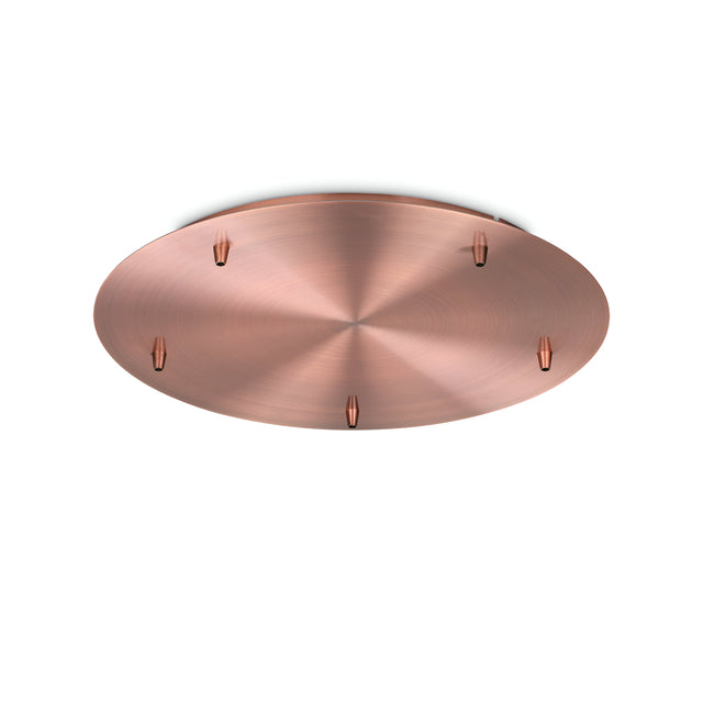 The Glacia 5 Light Standard Canopy in a copper finish showcases rustic charm with its sleek design and five evenly spaced hooks, elegantly highlighted against a plain white background.