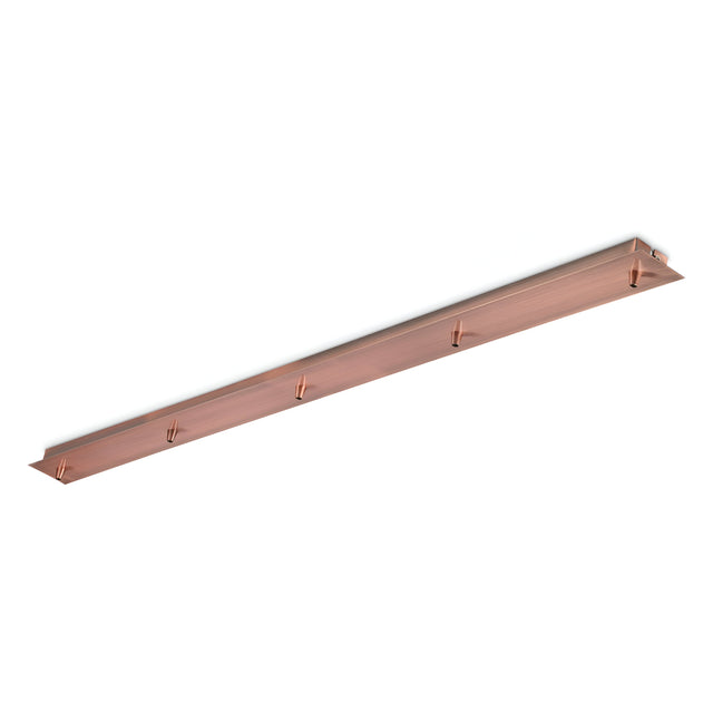 Amidst a white backdrop, the long, horizontal Glacia Base Canopy 5 Light Rectangle in Copper features a sleek design with six evenly spaced hooks, making it an ideal addition to contemporary interiors. It complements pendant lights beautifully and pairs well with its sophisticated copper canopy.