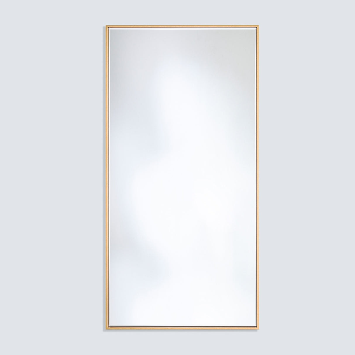 Soho Gold Slim Framed Full Length Mirror, rectangular with a narrow flat gold frame, mounted on a plain light grey wall.