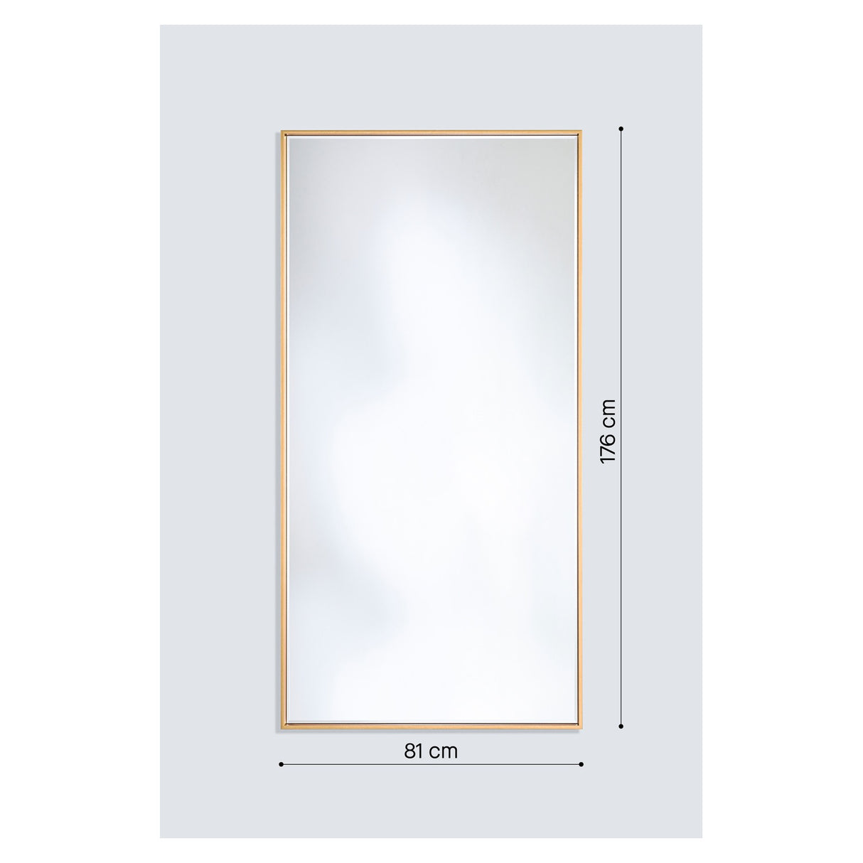 Soho Gold Slim Framed Full Length Mirror, rectangular with a narrow flat gold frame, shown with dimension lines marking 81cm width and 176cm height on a plain light grey background.