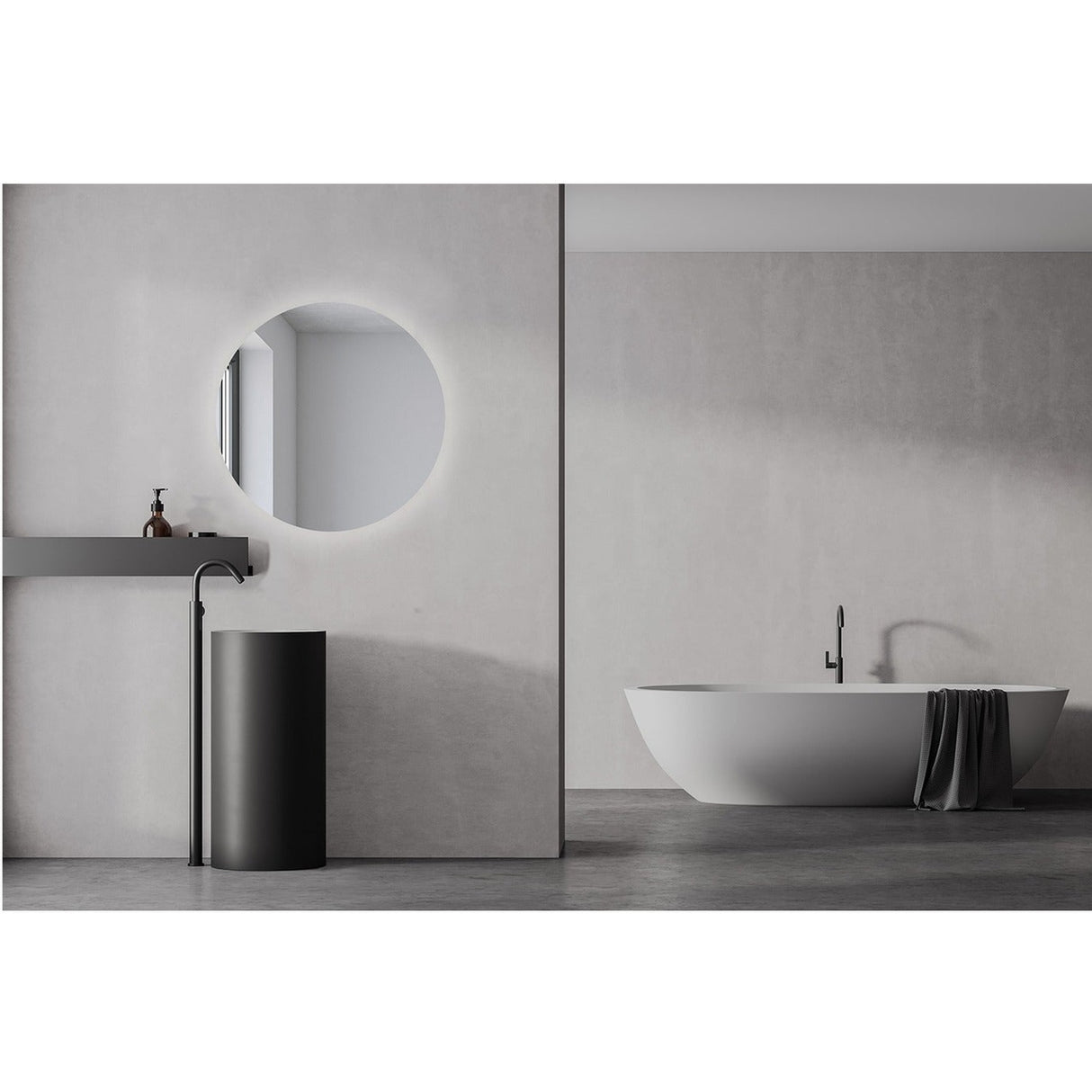 Brio Clear Round LED IP44 Bathroom Mirror, frameless backlit circular mirror above a black pedestal basin, styled in a modern grey bathroom with a freestanding tub.