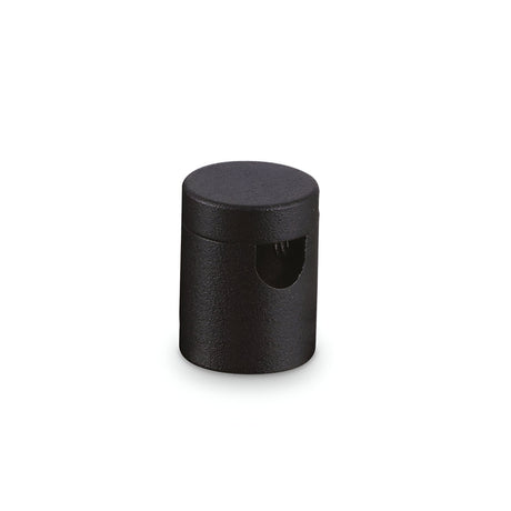 Set against a white background, the Sparion Small Cable Holder - Black features a sleek, black cylindrical design with a cut-out section on one side that resembles a cap or lid. Made from durable metal, it provides exceptional cable management solutions.