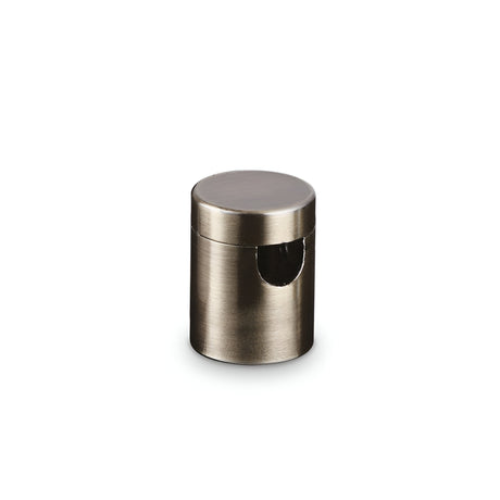 The Sparion Small Cable Holder - Brass, crafted from smooth, brushed metal with a silver-gray finish, sits elegantly on a plain white background. Its cylindrical form and partially open side make it an ideal choice for efficient cable management.