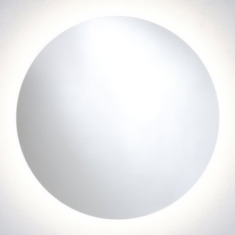 Brio Clear round bathroom mirror, 82cm, frameless glass with a backlit LED halo washing outwards onto the wall.