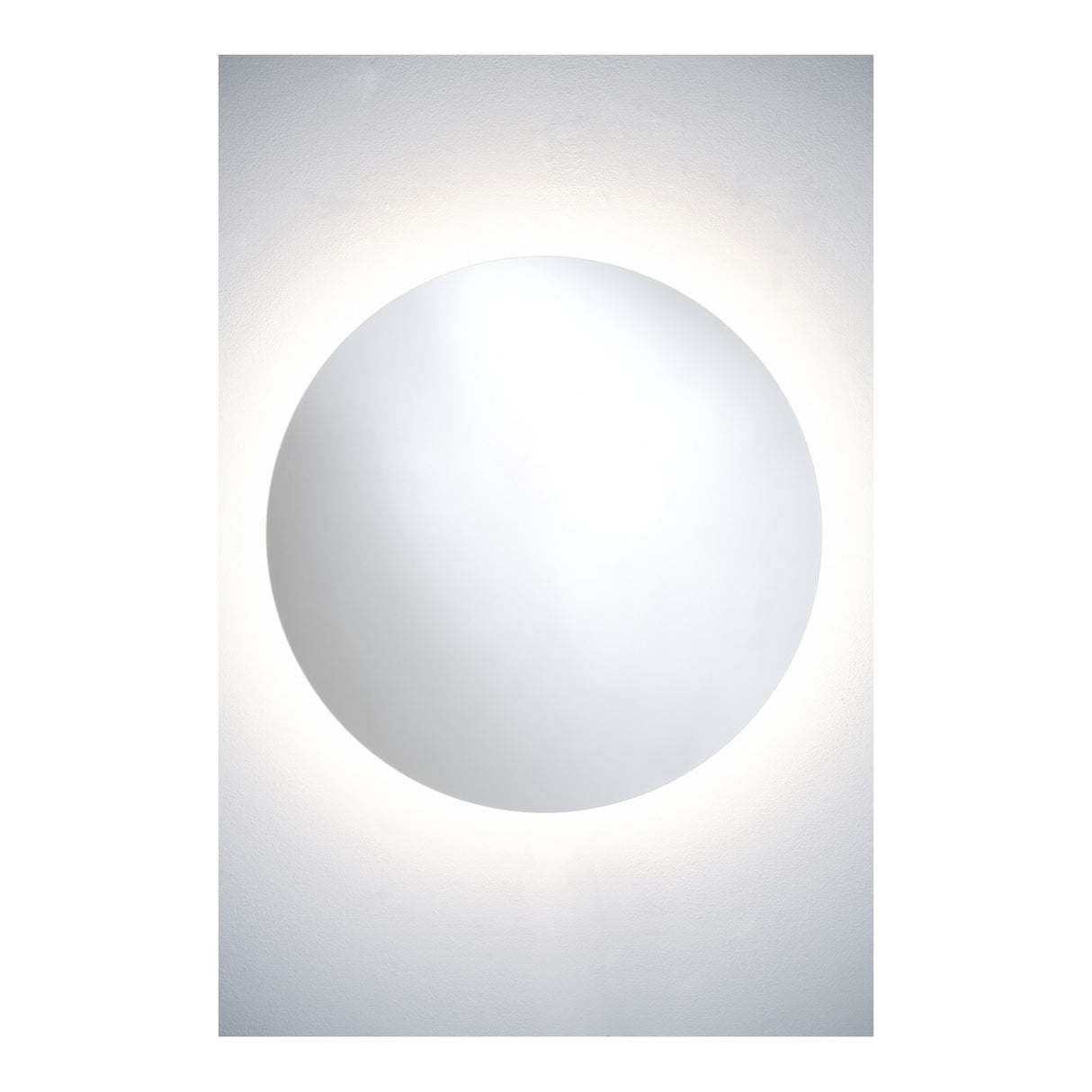 Brio Clear Round LED IP44 Bathroom Mirror, a frameless round mirror with backlit LED glow on a plain white wall background.
