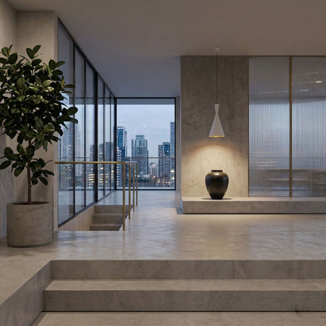 Modern minimalist interior with concrete floors and walls, a potted plant on the left, a ceramic vase under the Funk Tall Pendant Light - White on a platform, and large windows revealing a city skyline in the background.