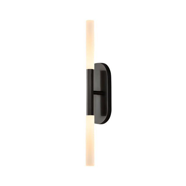 The Aurelian LED Double Column Alabaster Wall Light in matte black and soft white features two cylindrical lights at each end, offering a contemporary design perfect for modern interiors.