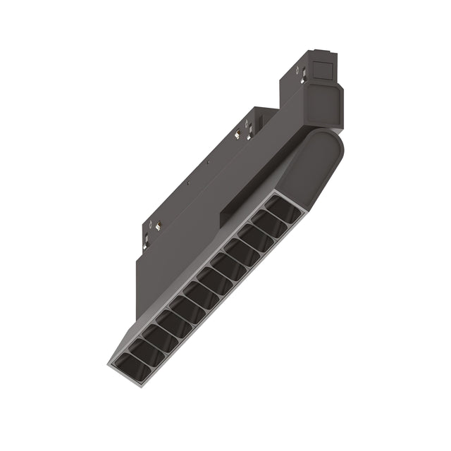 The Luxeon Dimmable LED Adjustable Linear Track Light 13W 3000K - Black boasts a sleek, contemporary rectangular design with several square light compartments. It is mounted on an adjustable bracket, allowing the dimmable fixture to be angled in a way that highlights its angular frame and versatile illumination.