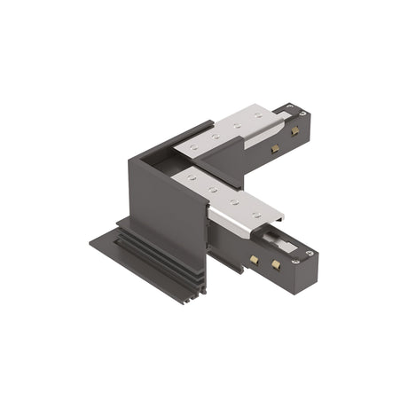 ALT text: A black metallic right-angle joint, identified as the Luxeon Recessed L-Connector Track Horizontal, featuring two protruding tracks with small connectors on each side. The structure is designed for dimmable track lighting systems.
