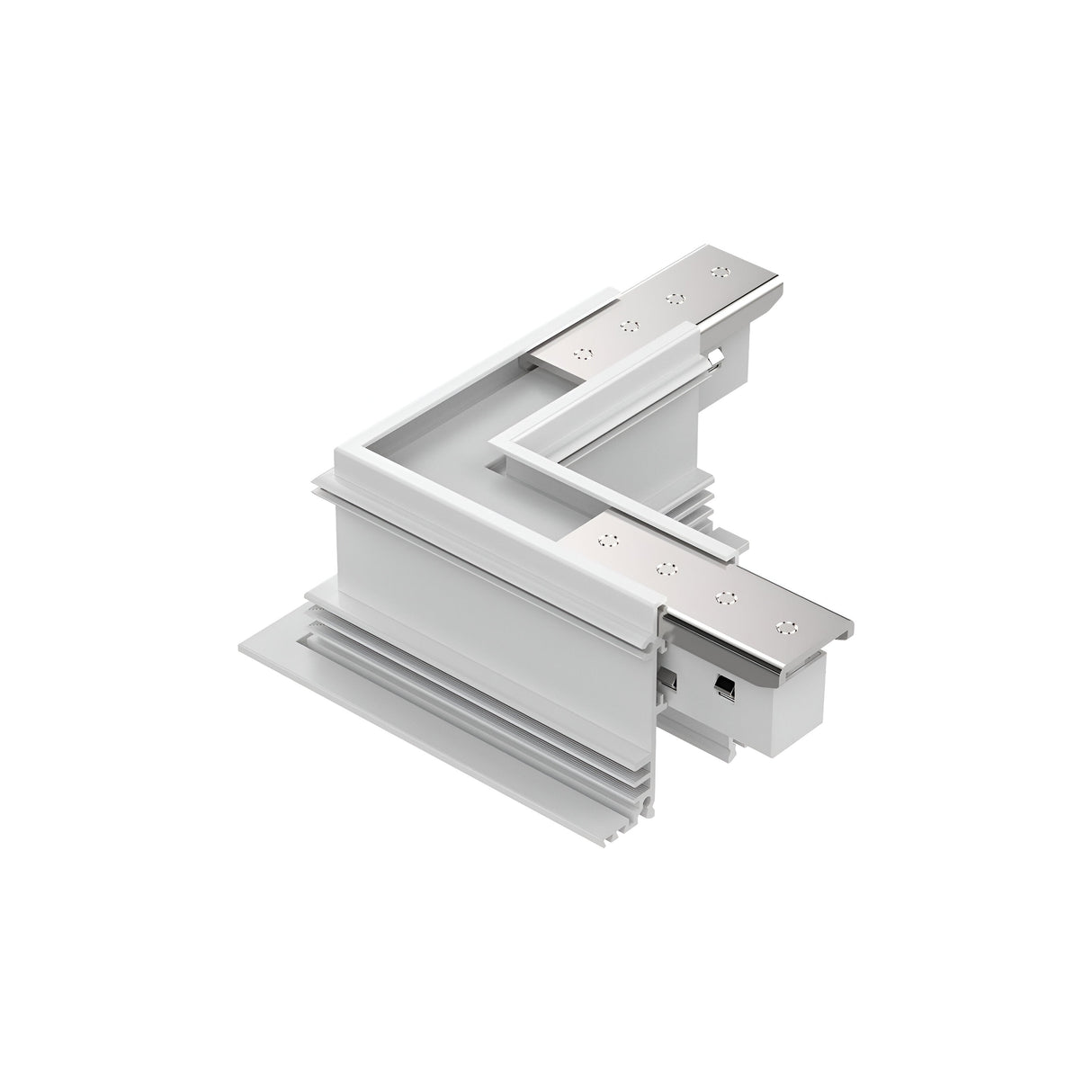A close-up of the Luxeon Recessed L-Connector Track Horizontal in white reveals its sleek lines and multiple layered sections, set against a plain white background. This dimmable aluminium component is perfect for integrating recessed track lighting into modern architectural designs.