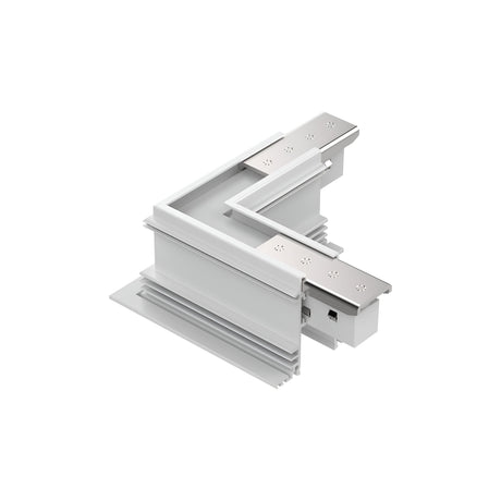A close-up of the Luxeon Recessed L-Connector Track Horizontal in white reveals its sleek lines and multiple layered sections, set against a plain white background. This dimmable aluminium component is perfect for integrating recessed track lighting into modern architectural designs.