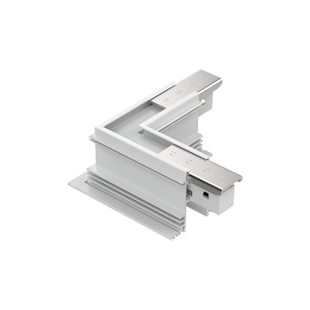 A close-up of the Luxeon Recessed L-Connector Track Horizontal in white reveals its sleek lines and multiple layered sections, set against a plain white background. This dimmable aluminium component is perfect for integrating recessed track lighting into modern architectural designs.