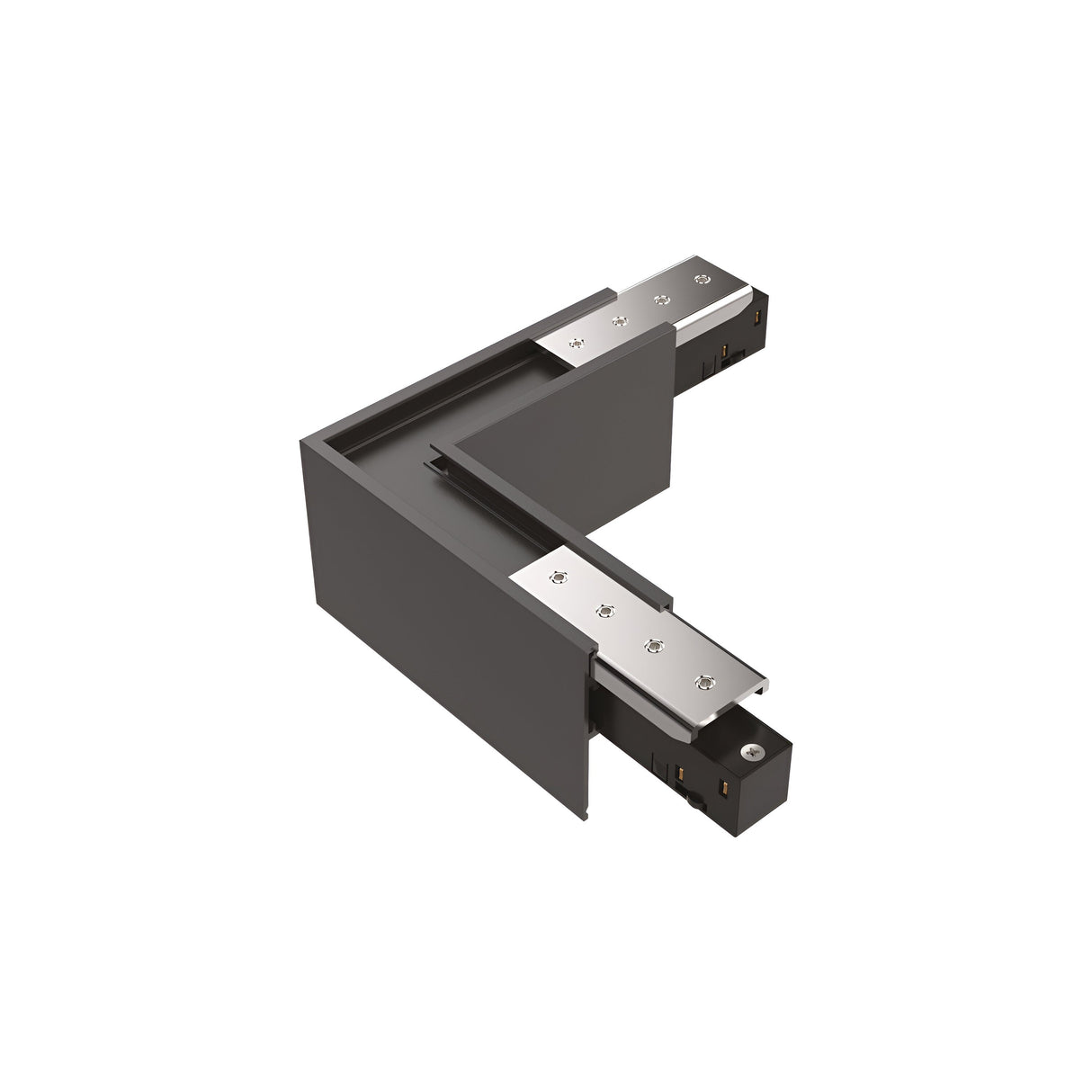 The Luxeon Surface L-Connector Track Horizontal - Dimmable is a black metal component featuring screw holes on its top surface, ideal for track lighting installations. Its minimalistic, industrial design integrates seamlessly into dimmable systems against a white background.