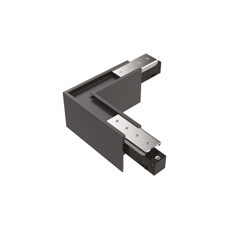 The Luxeon Surface L-Connector Track Horizontal - Dimmable is a black metal component featuring screw holes on its top surface, ideal for track lighting installations. Its minimalistic, industrial design integrates seamlessly into dimmable systems against a white background.