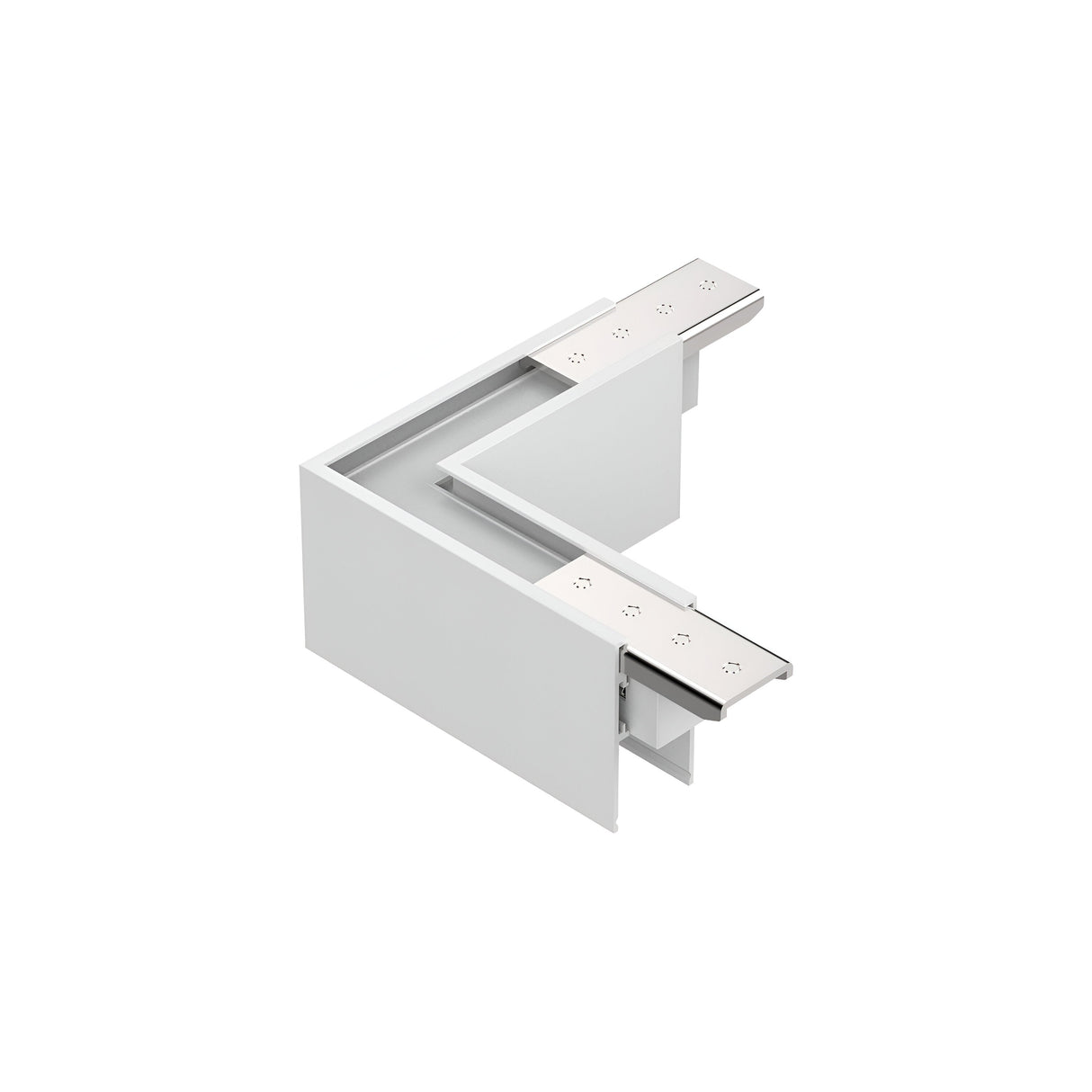 The Luxeon Surface L-Connector Track Horizontal - Dimmable in white is designed with dotted holes for versatile mounting on flat surfaces. Its overlapping sections suggest adjustable or sliding capabilities, making it perfect for track lighting systems requiring structural or shelving support.