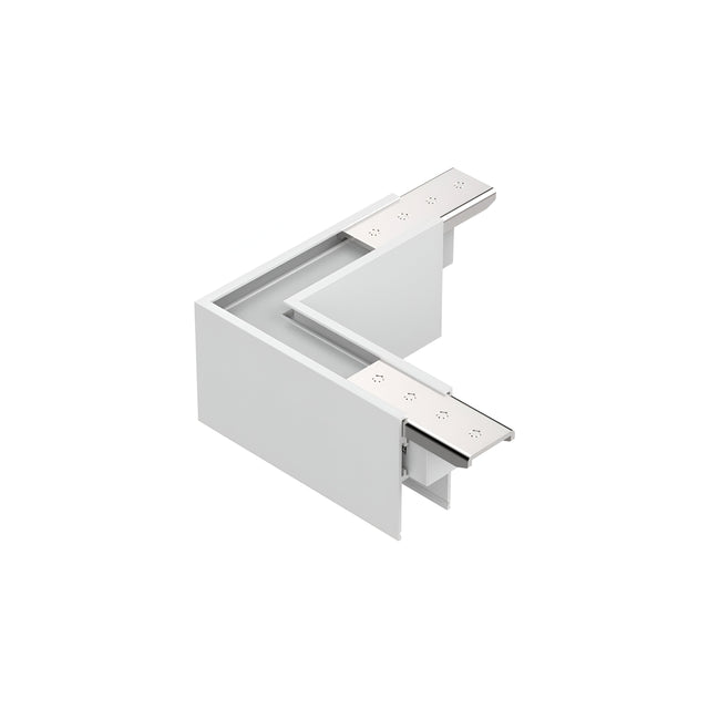 The Luxeon Surface L-Connector Track Horizontal - Dimmable in white is designed with dotted holes for versatile mounting on flat surfaces. Its overlapping sections suggest adjustable or sliding capabilities, making it perfect for track lighting systems requiring structural or shelving support.