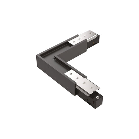 Introducing the Luxeon Slim L-Connector Track Horizontal - Dimmable in Black, a metal corner bracket with a sleek angular design. It resembles a track lighting fixture with its perpendicular sections joined by visible screws, making it perfect for modern interiors that need structural support or assembly.