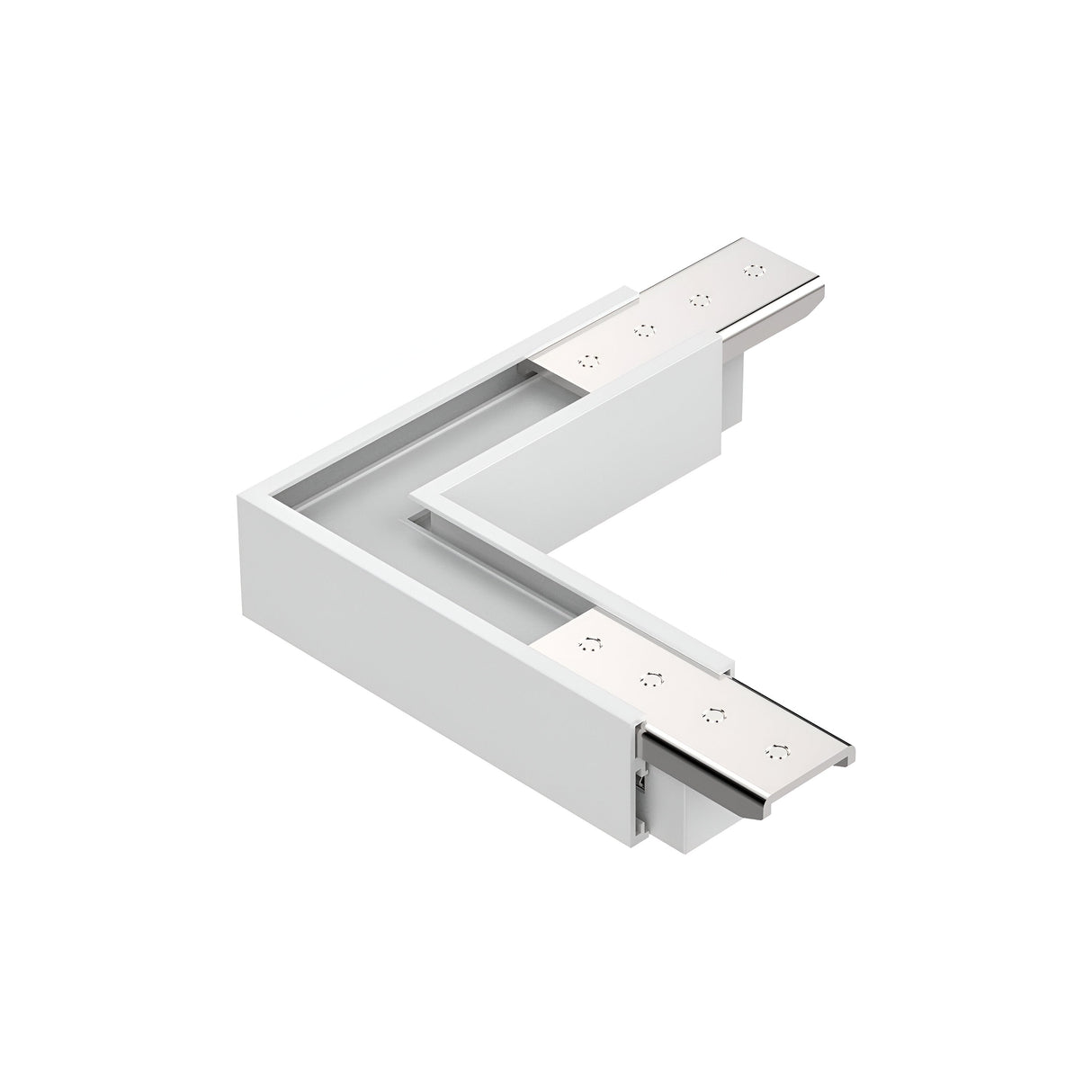 The Luxeon Slim L-Connector Track Horizontal - Dimmable in White features a sleek, modern design resembling a bracket or connector with metallic square plates at each end, each boasting multiple small holes against its pristine white surface.