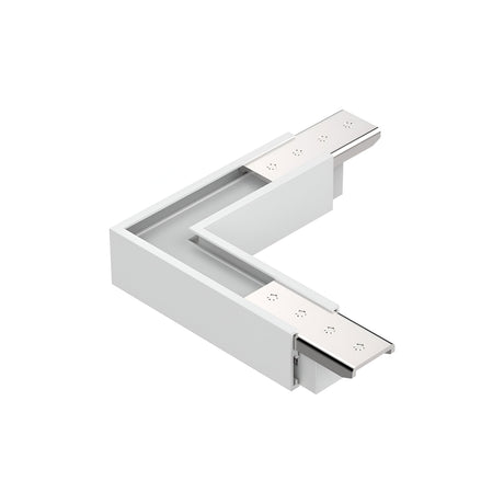 The Luxeon Slim L-Connector Track Horizontal - Dimmable in White features a sleek, modern design resembling a bracket or connector with metallic square plates at each end, each boasting multiple small holes against its pristine white surface.