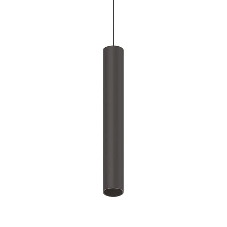 The Pure Dimmable LED Magnetic Track Pendant 12W 3000K in black, featuring a sleek cylindrical design and adaptable lighting, hangs from the ceiling against a plain white background, effortlessly combining style and functionality.