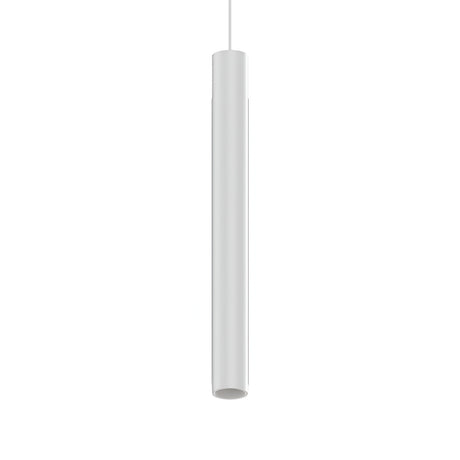 The Pure Dimmable LED Magnetic Track Pendant 12W 3000K - White is elegantly suspended against a plain white background, highlighting its sleek design and extruded aluminium profile. Its dimmable functionality provides the perfect ambiance, enhancing its smooth surface.