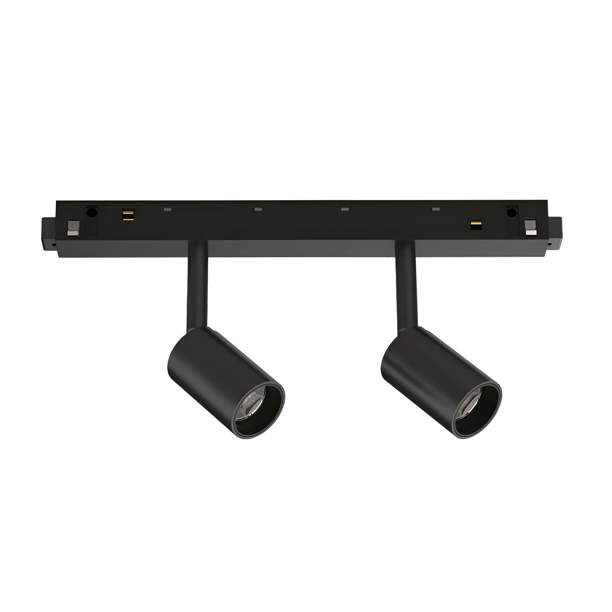 The Luxeon Dimmable LED Magnetic Twin Track Spotlight 5W 3000K - Black features two adjustable, dimmable spotlights mounted on a flat rectangular base, offering energy-efficient lighting.
