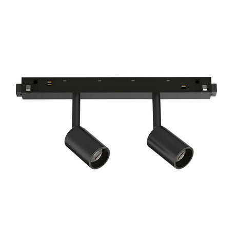 The Luxeon Dimmable LED Magnetic Twin Track Spotlight 5W 3000K - Black features two adjustable, dimmable spotlights mounted on a flat rectangular base, offering energy-efficient lighting.