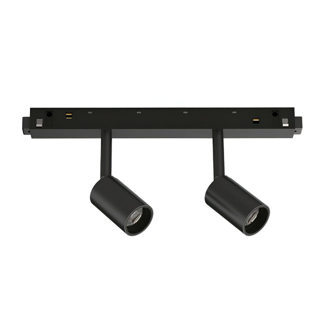 The Luxeon Dimmable LED Magnetic Twin Track Spotlight 5W 3000K - Black features two adjustable, dimmable spotlights mounted on a flat rectangular base, offering energy-efficient lighting.