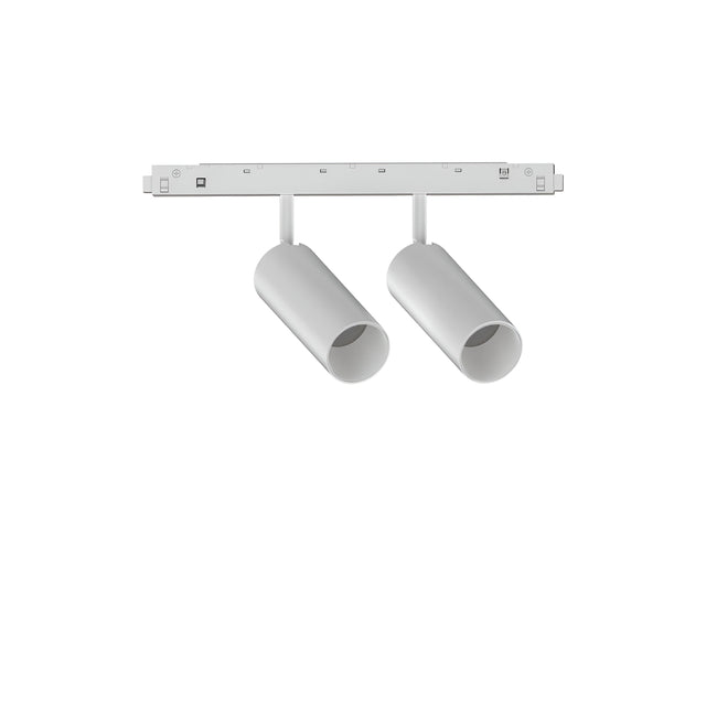 A minimalist ceiling-mounted fixture called the Luxeon Dimmable LED Magnetic Twin Track Spotlight features two sleek, cylindrical, and dimmable 24W LED lights in a modern white finish, arranged on a rectangular base. Each energy-efficient light is adjustable, perfect for contemporary interiors. The fixture is displayed against a plain white background.