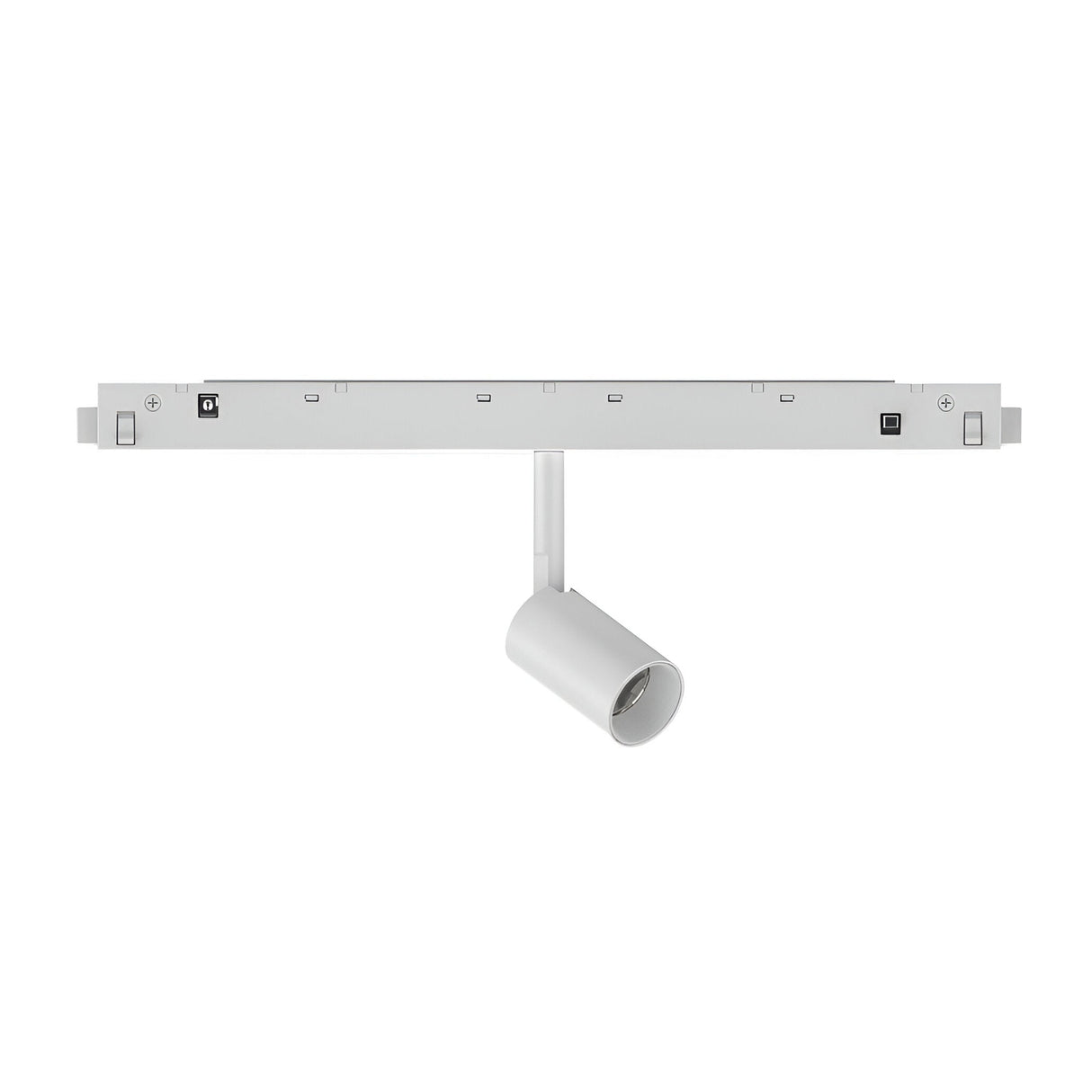 The Luxeon Dimmable LED Magnetic Track Spotlight 3W 3000K 1-10V - White is a ceiling-mounted track light with a single cylindrical spotlight, offering a sleek and minimalist design. It provides directional lighting in warm 3000K, with the track running horizontally and the spotlight mounted vertically below.