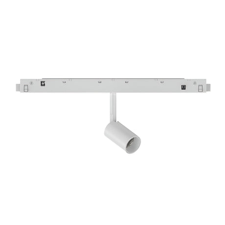 The Luxeon Dimmable LED Magnetic Track Spotlight 3W 3000K 1-10V - White is a ceiling-mounted track light with a single cylindrical spotlight, offering a sleek and minimalist design. It provides directional lighting in warm 3000K, with the track running horizontally and the spotlight mounted vertically below.