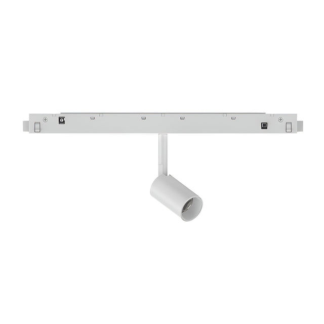 The Luxeon Dimmable LED Magnetic Track Spotlight 3W 3000K 1-10V - White is a ceiling-mounted track light with a single cylindrical spotlight, offering a sleek and minimalist design. It provides directional lighting in warm 3000K, with the track running horizontally and the spotlight mounted vertically below.