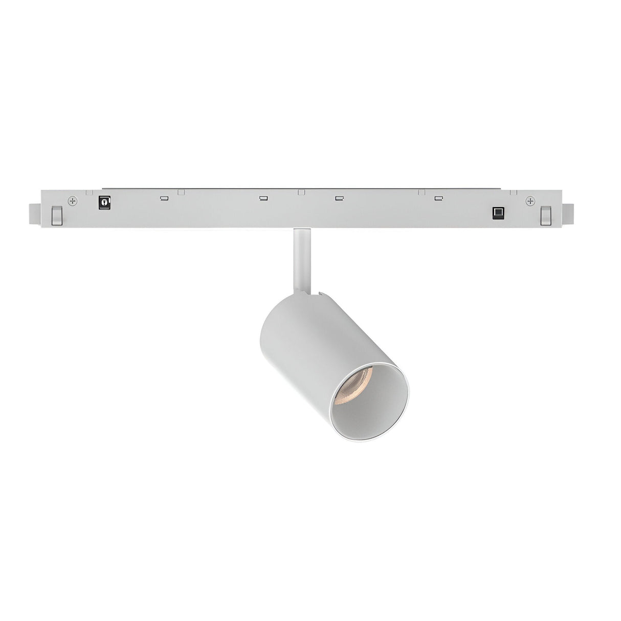 Luxeon Dimmable LED Magnetic Track Spotlight 8W 3000K 1-10V - White, ceiling-mounted with an adjustable cylindrical design, seamlessly integrated into a magnetic track system on a horizontal rail.