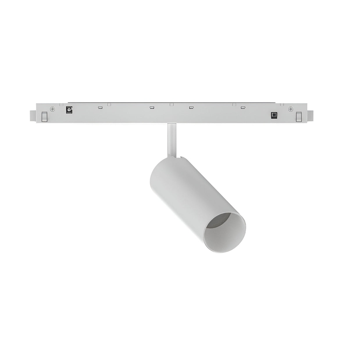 The Luxeon Dimmable LED Magnetic Track Spotlight, featuring a sleek cylindrical design, provides adjustable and dimmable lighting mounted on a rectangular track. This 12W spotlight offers a clean, modern appearance without visible cables or embellishments against its white background.