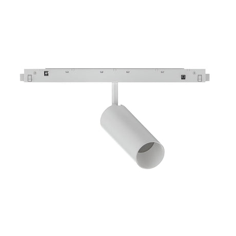 The Luxeon Dimmable LED Magnetic Track Spotlight, featuring a sleek cylindrical design, provides adjustable and dimmable lighting mounted on a rectangular track. This 12W spotlight offers a clean, modern appearance without visible cables or embellishments against its white background.