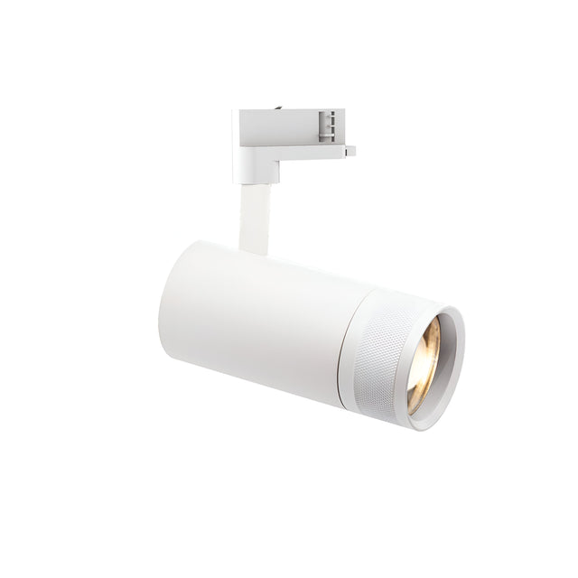 The Solis Three Phase LED Track Spotlight 15W 3000K in White is mounted on a coordinating white track system. This sleek, cylindrical spotlight features an energy-efficient LED bulb and provides versatile illumination with its adjustable beam angle, all showcased against a plain white background.