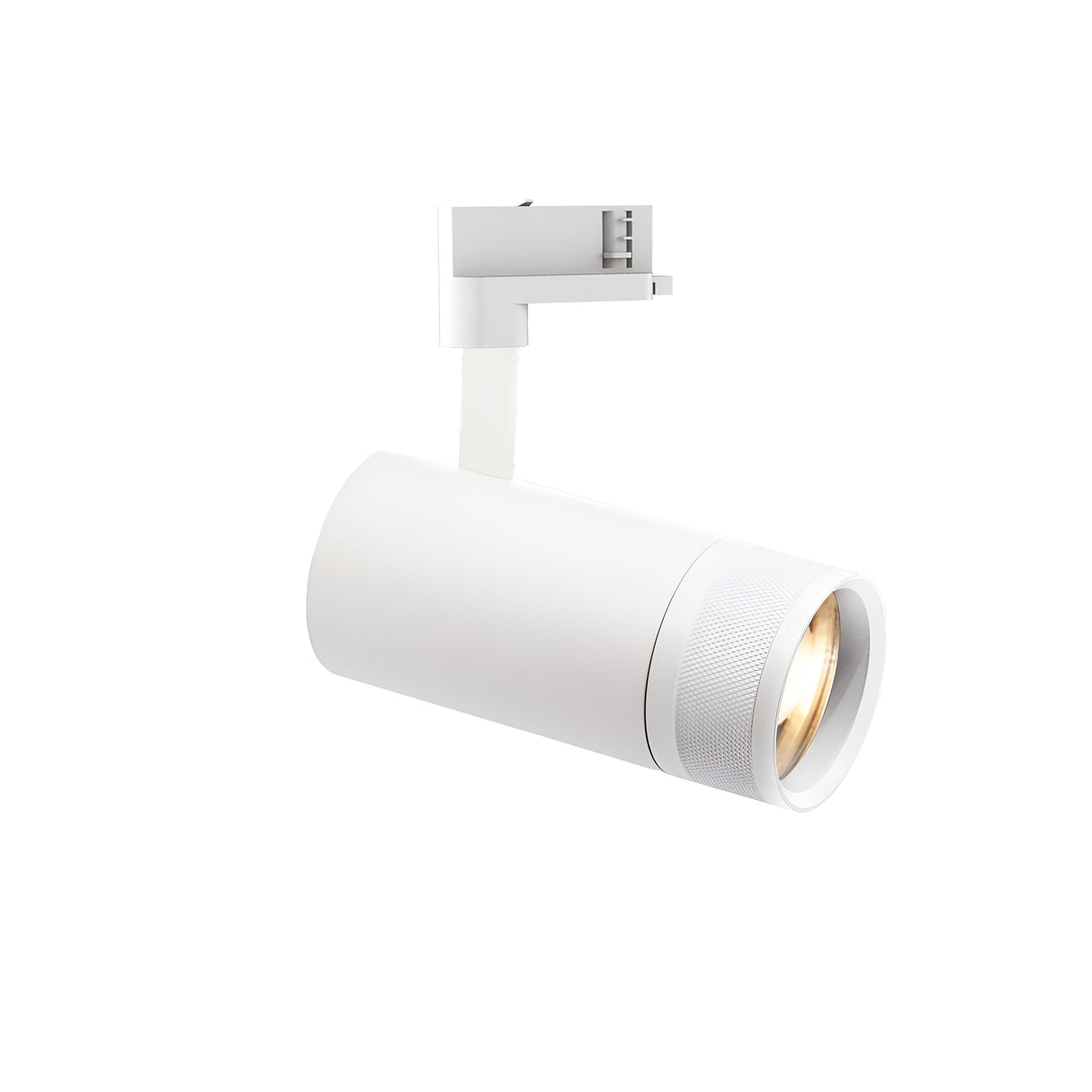 The Solis Three Phase LED Track Spotlight 25W in white features a sleek, modern design with a cylindrical shape and slightly textured surface. It emits a warm 3000K glow and is mounted on an adjustable bracket for directing light as needed in three-phase systems.