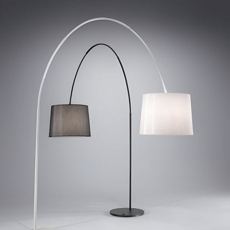 Against a grey backdrop, the Lucidia Floor Lamp Arm - White showcases two modern floor lamps with elegantly curved stands. The left lamp features a black shade and stand, while the right is presented in white. Both lamps embody minimalist design elegance, enhanced by an adjustable arm for tailored illumination.