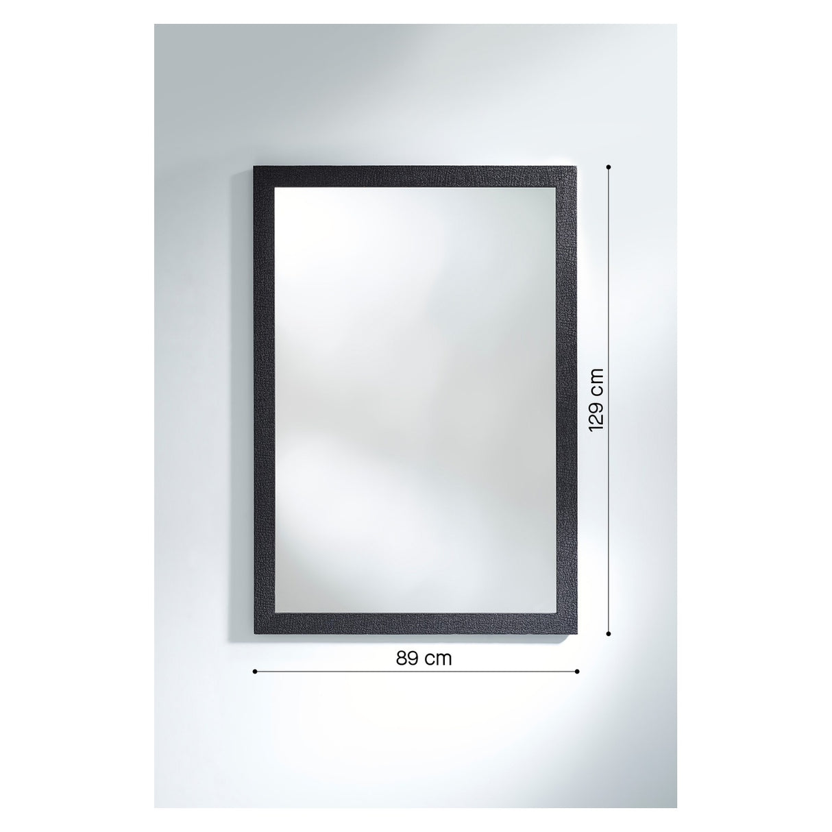 Dimension drawing of the charred wood framed mirror, marked 89cm wide by 129cm high with a depth of 2cm.