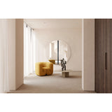 Luna Black Two Piece Round Wall Mirror 150cm, a frameless round mirror with a black lacquered glass strip through its centre, mounted above a console table in a neutral living room setting.