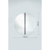 Luna Black Two Piece Round Wall Mirror 150cm, a frameless circular mirror with a black lacquered glass strip down the centre, shown with dimension markers on a light grey background.