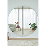 Luna Black Two Piece Round Wall Mirror 200cm, a large frameless round mirror with a black lacquered glass strip at the central join, shown reflecting a bright living room.