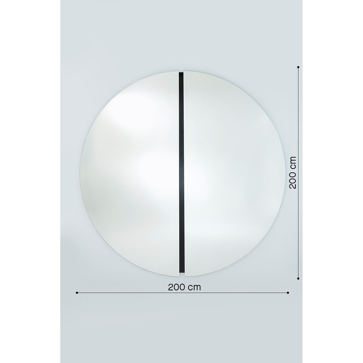 Luna Black Two Piece Round Wall Mirror 200cm, a large frameless circular mirror with a black lacquered glass strip along the central joint, shown with dimension guides on a light grey background.