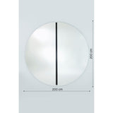 Luna Black Two Piece Round Wall Mirror 200cm, a large frameless circular mirror with a black lacquered glass strip along the central joint, shown with dimension guides on a light grey background.