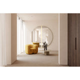 Luna Light LED Two Piece Round Wall Mirror 200cm above a coffee table in a neutral hallway, its frameless glass split by a glowing central LED seam.